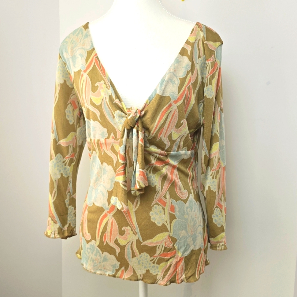 Express Vintage Silk V-Neck Tie Front Blouse, sz L (PTP 17")
